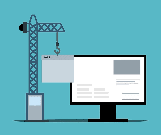 An illustration showing a construction crane building a landing page