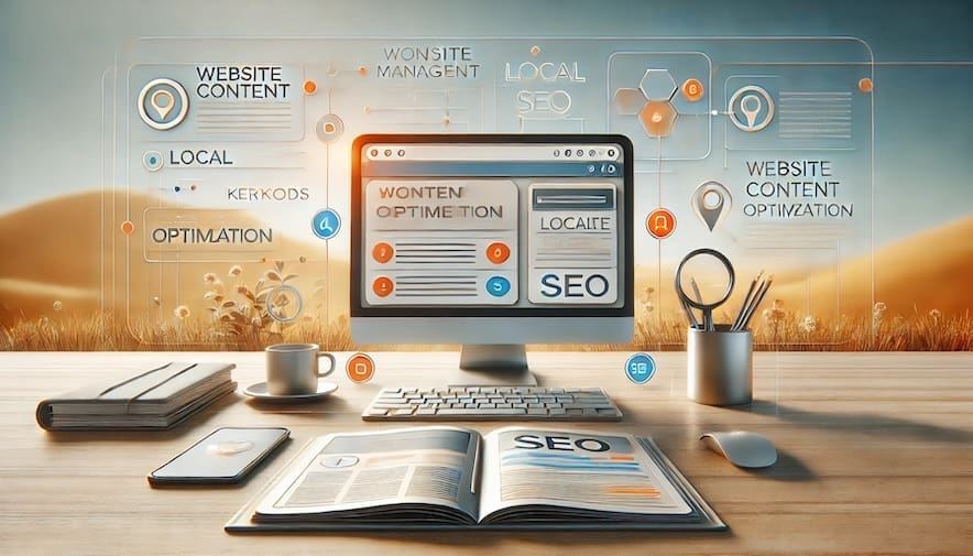 Website content optimization with a digital workspace on a computer screen. Key terms like 'optimization,' 'content,' 'engagement,' and 'keywords' are prominently displaying the process of enhancing website content to improve user experience.